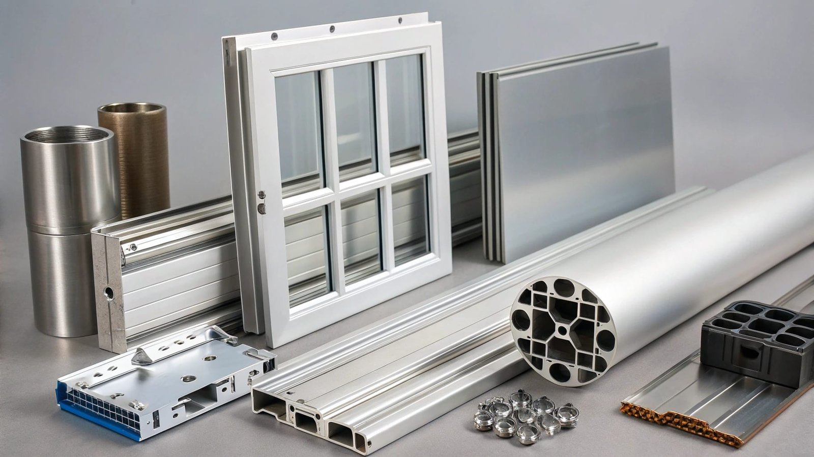 A collage of images showing an airplane wing, a car engine block, a ship's hull, and a large industrial gear made from aluminum alloy.